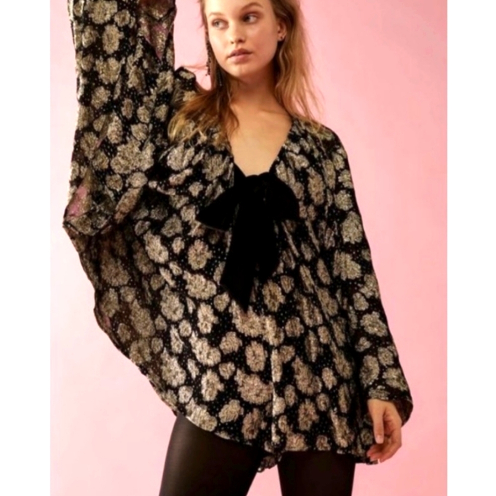 Free People Batwing Metallic Oversized Romper Dress Witchy Boho Goth Glam - Picture 2 of 9